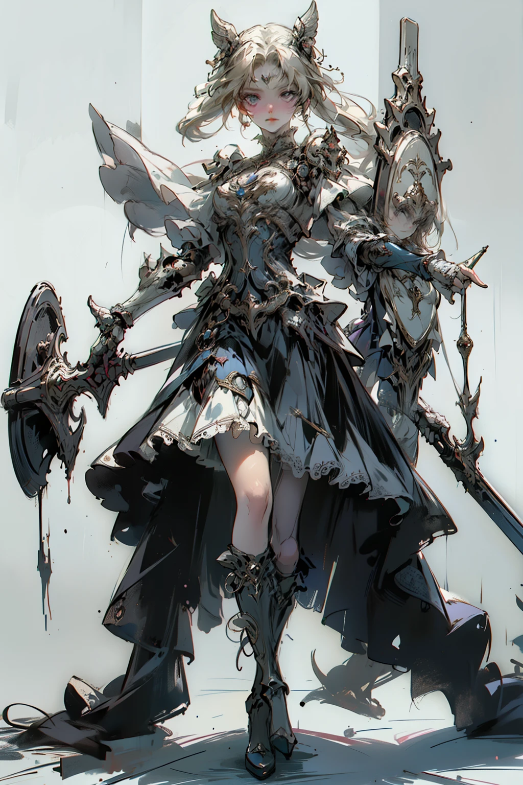 ((best quality)), ((masterpiece)), (detailed), blank white background, plain background, white background, Bloodborne inspired, occult aesthetic, occult, detailed and intricate steampunk and detailed gothic, NSFW, Very dramatic and cinematic lighting, cosmic horror, grim-dark, side-lighting, perfect face, a beaituful goddess valkyrie adorned and enshrined in armour, Bloodborne inspired valkyrie, occult aesthetic valkyrie, occult valkyrie, detailed and intricate steampunk and detailed gothic valkyrie, wielding a sword and holding a shield, NSFW, Fluttering lace flared long knee length dress with frilly petticoats, knee length dress, pleated petticoats, dress, petticoats gothic lolita-lighting, gothic lolita aesthbeautiful small breasts, small breull body, wholebody, plain background, white background, blank background, no background, white background NSFW, full body, whole body, head-to-toe
