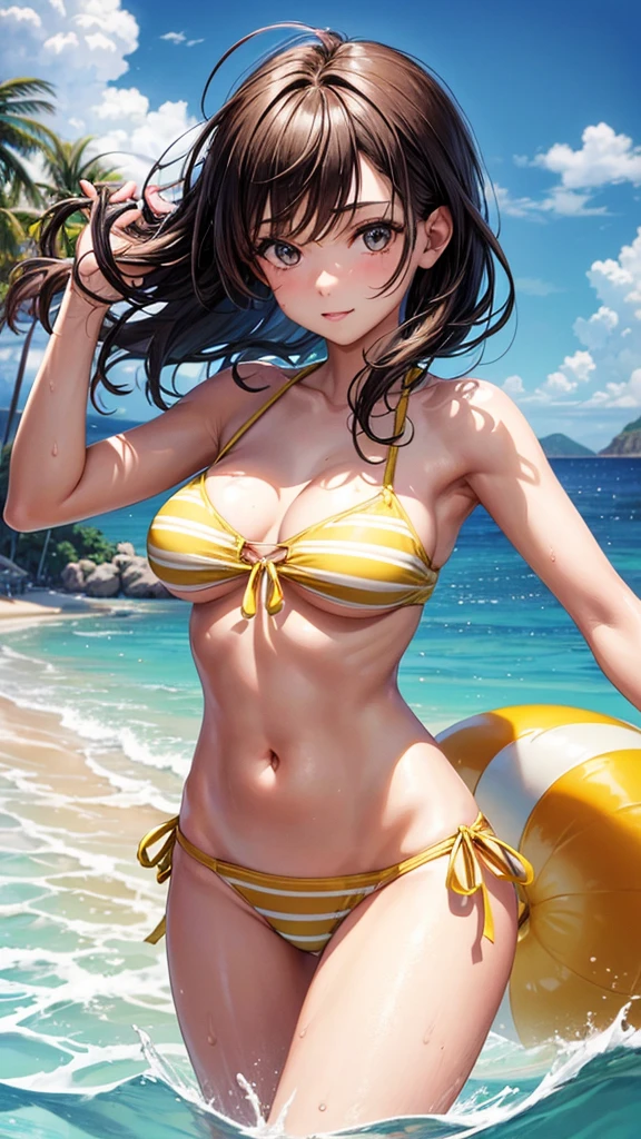 1_girl, solo, sksbrooke person, sksbrooke, (masterpiece:1.2), (best quality:1.2), perfect eyes, perfect face, 1girl, solo, brown eyes, (medium breasts), perky breasts, yellow stripe bandeau top and Brazilian bottom bikini set, beach background, splashing in the water 