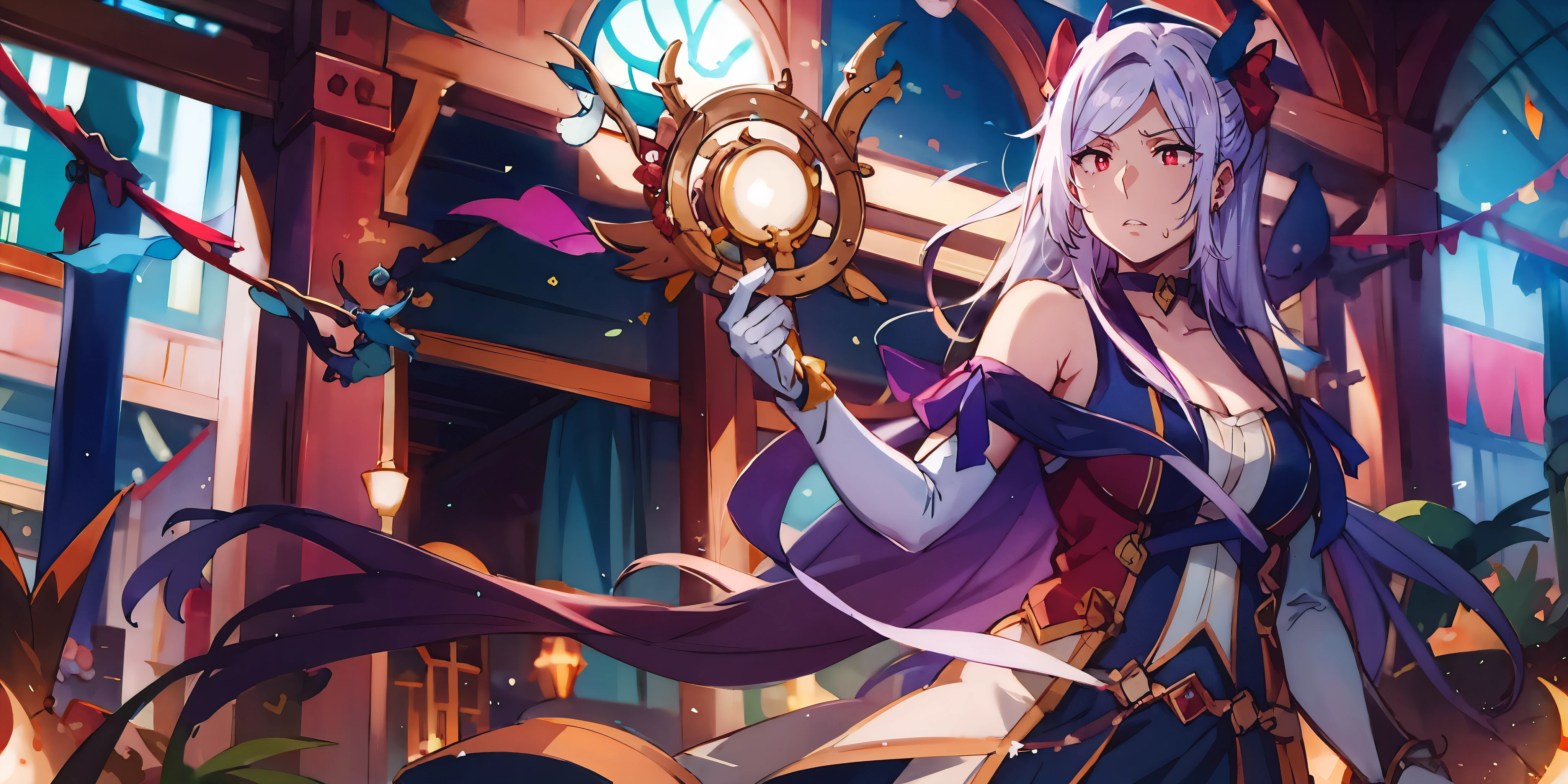 alexia_olis, silver hair, long hair, red eyes, ribbon, curvy, ((anatomically correct:1.3)), heavy breathing, muscular female, (fantasy illustration:1.3), depth of field, epic art, fantasy, 1girl, breasts, solo, vastaya, cleavage, large_breasts, bare_shoulders, elbow_gloves, staff, choker, hollow eyes, red eyes, lips, cheek, expressionless, glaring eyes, upper teeth,