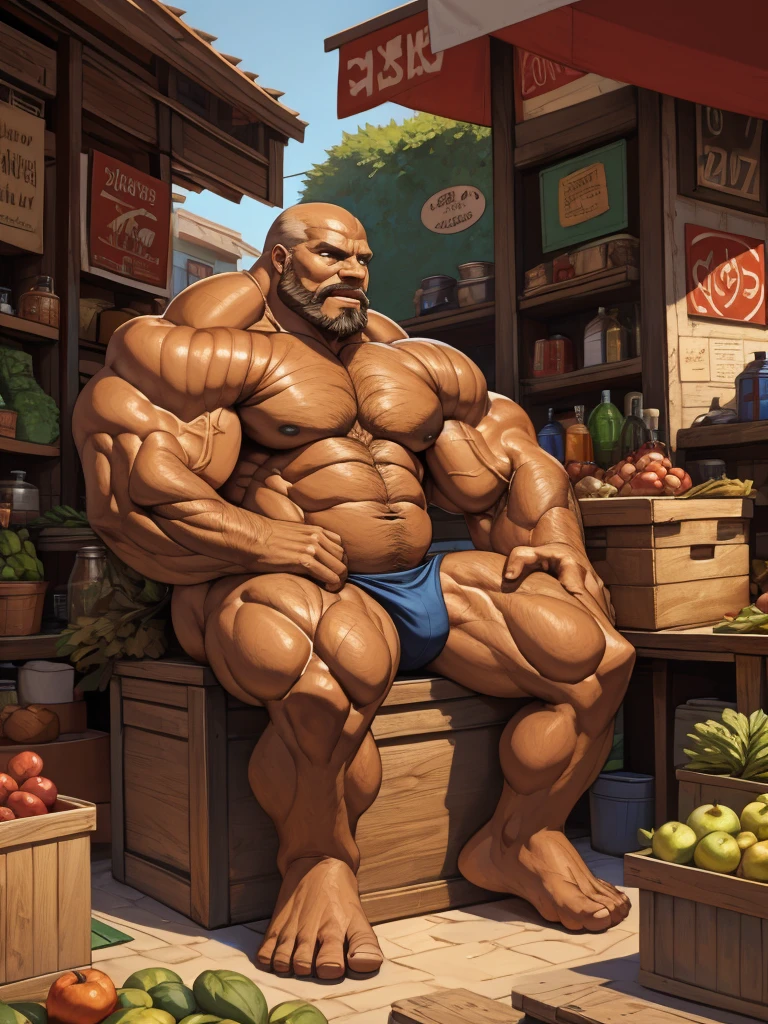traditional market, side view, extremely huge muscular, massive muscular, full-body, well-muscled old man, sitting on box, ((shirtless, nude)). ((extremely muscle size, super thick arms, huge back, extremely wide back and shoulder , huge arms)). and add details to make it attractive and interesting. Add textures and details to make the image more realistic, such as the appearance of the shirt texture and the appearance of the skin. Make sure the resulting image is high resolution, 8K quality."