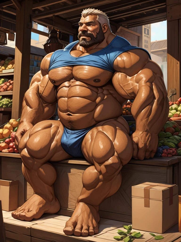 traditional market, side view, extremely huge muscular, massive muscular, full-body, well-muscled old man, sitting on box, ((shirtless, nude)). ((extremely muscle size, super thick arms, huge back, extremely wide back and shoulder , huge arms)). and add details to make it attractive and interesting. Add textures and details to make the image more realistic, such as the appearance of the shirt texture and the appearance of the skin. Make sure the resulting image is high resolution, 8K quality."