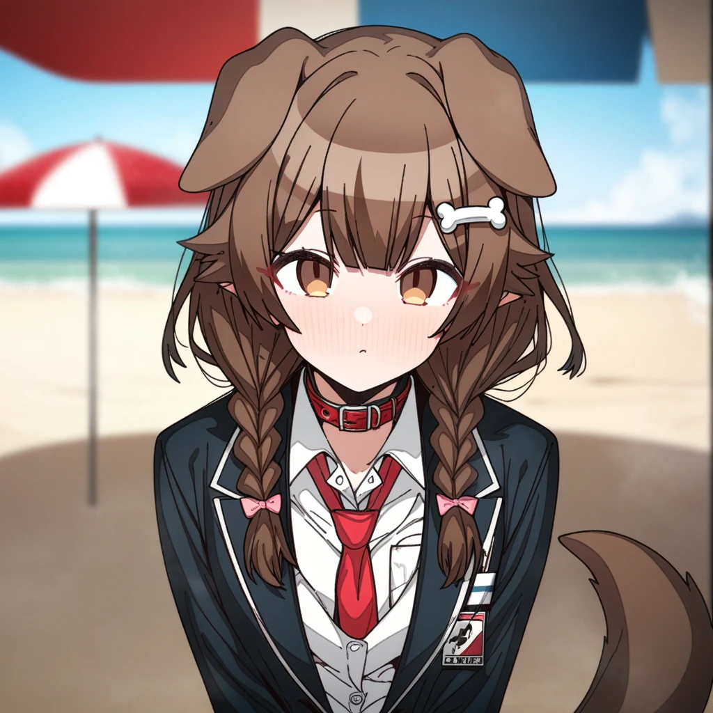 hoshino_(blue_archive) with brown hair and brown eyes, Artist, erere, Copyrights, idolmaster, idolmaster_shiny_colors, Character, General, 1girl, brown_hair, blunt_bangs, blush, medium_breasts, breasts, detailed eyelashes, beatiful girl:1, brown_eyes, censored, school_uniform, pleated skirt, blazer, red tie, dog_tail, animal_collar, twin_braids, dog_ears, bone_hair_ornament, :|, (full_body) (standing in middle, beach_umbrella), sky:0.7, detailed, sand, outdoors, from_side, looking_at_viewer, masterpiece, best_quality, great_quality, girl, solo, center_composition, centered character, cute
