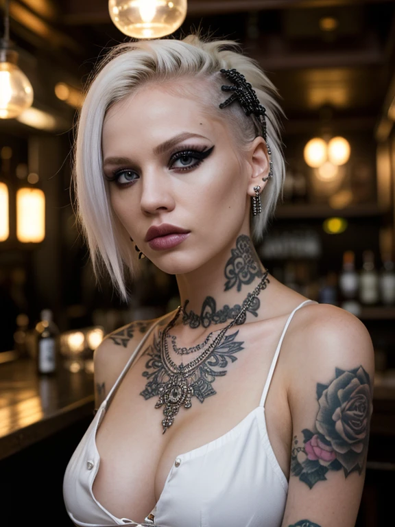 (Best Quality, 8K, 32K, masutepiece:1.3), Ultra-detailed, (Photorealistic:1.4), white colors, albino, Punk Girl, Detailed eyes, Upper body, Luxurious punk hair, Edgy punk fashion, Avant-garde makeup, Numerous piercings, Heavily tattooed body, in a moody vintage bar, erotic tension, full body shot, close up, moody bar atmosphere, Backlight effect, Shallow depth of field,