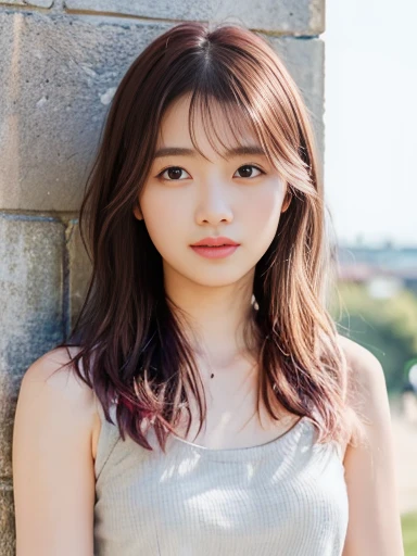 Japanese female 1 person, ************, Realistic, Exquisite face, alone, Tight grey tank top.  (White skin: 1.8, ), The look of temptation, Warm lighting: Sunny day, (RAW Photos:1.2), (Realistic), Full body shot, background:Inside the old castle,  (Pink Hair Color,Bangs,long hair,)