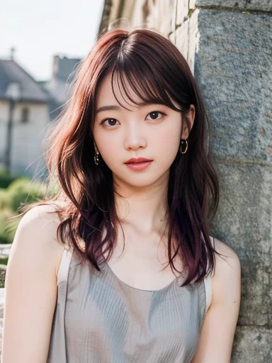 Japanese female 1 person, ************, Realistic, Exquisite face, alone, Tight grey tank top.  (White skin: 1.8, ), The look of temptation, Warm lighting: Sunny day, (RAW Photos:1.2), (Realistic), Full body shot, background:Inside the old castle,  (Pink Hair Color,Bangs,long hair,)