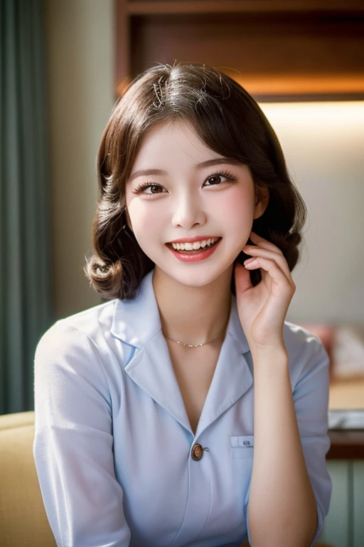 Seoul, 1952. A young korean girl, 23-year-old, strikingly beautiful, delicate facial features, porcelain skin, expressive eyes, in the hotel, ((awe and joy expression)), ((((clothings from the 1950s)))), ((hairstyle of the 1950s)), colorful