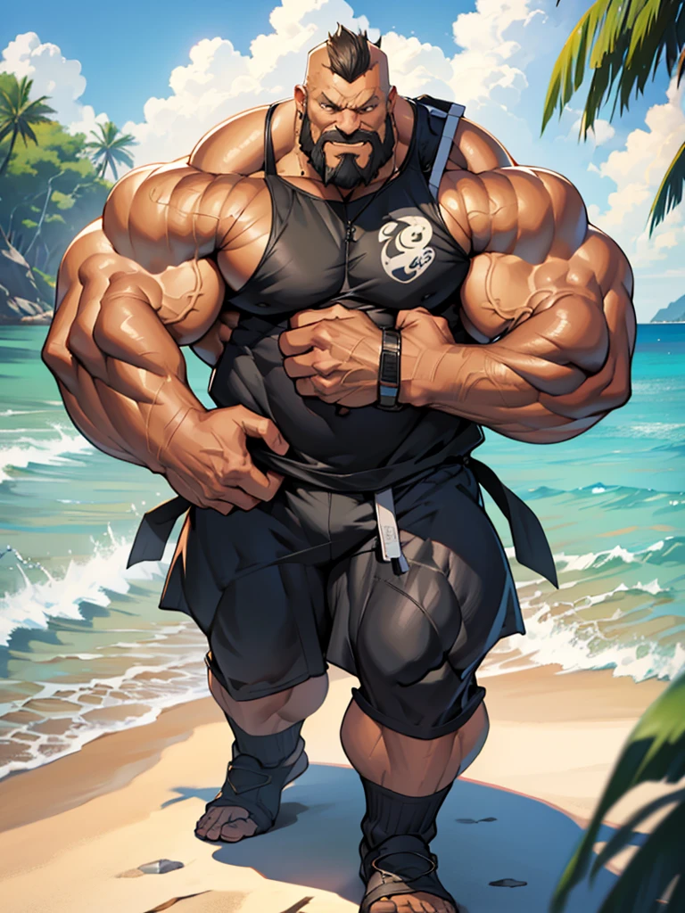 beach, extremely huge muscular, massive muscular, full-body, well-muscled old man. ((extremely muscle size, super thick arms, huge back, extremely wide back and shoulder , huge arms)). and add details to make it attractive and interesting. Add textures and details to make the image more realistic, such as the appearance of the shirt texture and the appearance of the skin. Make sure the resulting image is high resolution, 8K quality."