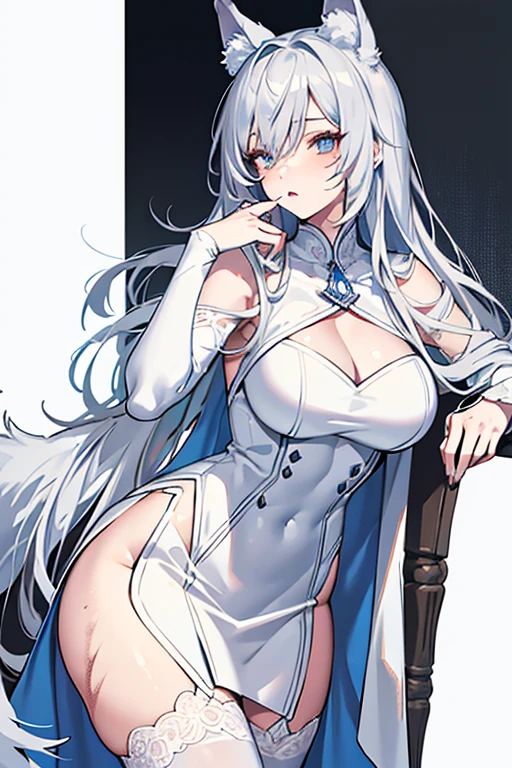 best qualtiy,tmasterpiece,The is very detailed,4K,Gray hair and shallow eyes,Drag cool expressions,Wolf ears,Erect scar on the left eye,British style,1girl,Absolutely beautiful, big bust, white costume