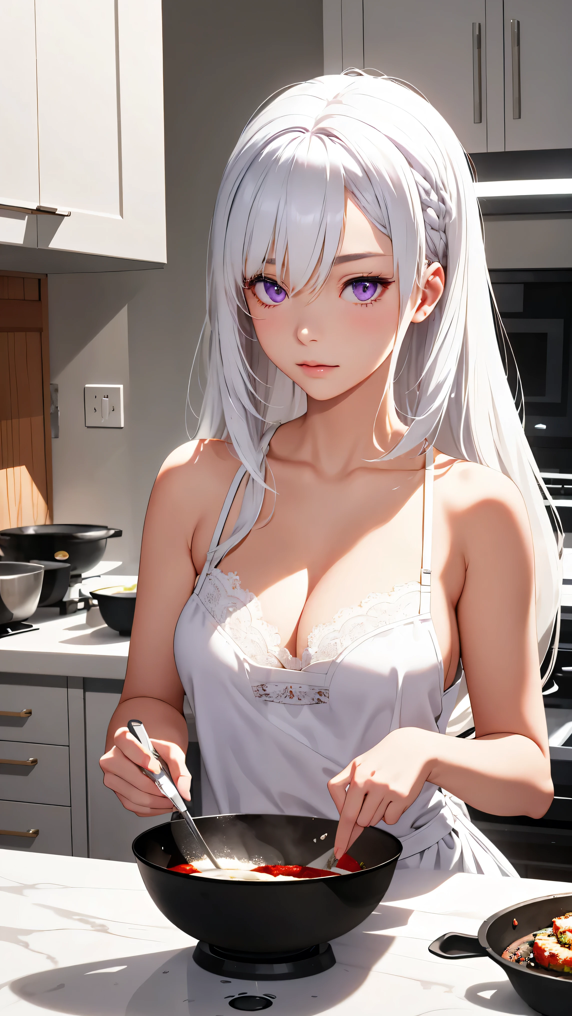 1 Girl, White hair, Purple eyes, Cooking in the kitchen, White bra, white apron, Side lighting, wallpaper, Nine tailed fox, NFV, medium breasts, long hair, Cat's ears, braid your hair, Onsen background, beautiful background, Best quality, masterpiece