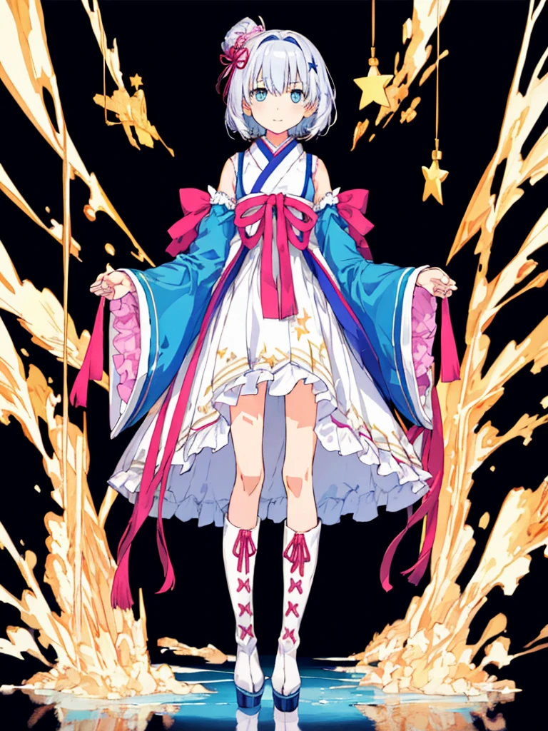 (((1girl)))、starの妖精、vtuber-fullbody、(((highest quality、Masterpiece、The best composition、Golden Ratio、Official Art、Super detailed、Super detailedな目)))、ultra detailed, from front, headshot、 blue and white hair color、Short bangs above eyebrows、Short Hair、Standing in front of the viewer、着物とゴス**をリメイクしたMilky Way柄の洋服で濃紺と水色を基調にした色、The sleeves are long and the hands are hidden、Knee-high boots、Pure white simple background、star、Milky Way、universe、流star群、frills, japanese clothes,