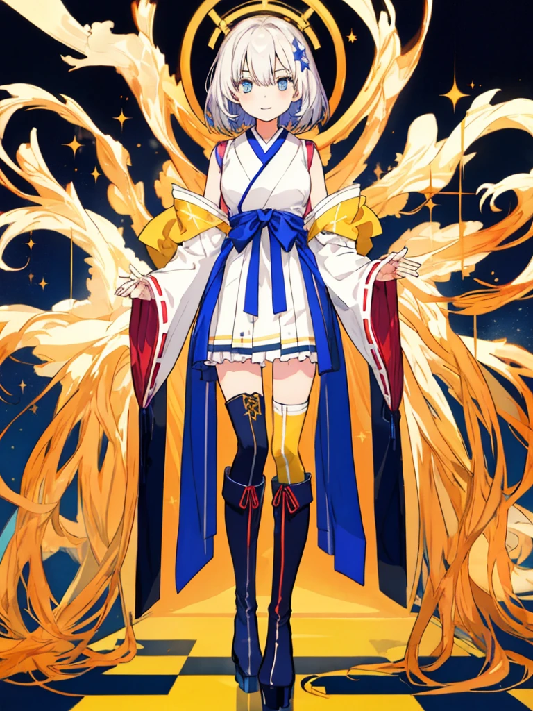 (((1girl)))、starの妖精、vtuber-fullbody、(((highest quality、Masterpiece、The best composition、Golden Ratio、Official Art、Super detailed、Super detailedな目)))、ultra detailed, from front, headshot、 blue and white hair color、Short bangs above eyebrows、Short Hair、Standing in front of the viewer、着物とゴスロリをリメイクしたMilky Way柄の洋服で濃紺と水色を基調にした色、The sleeves are long and the hands are hidden、Knee-high boots、Pure white simple background、star、Milky Way、universe、流star群、frills, japanese clothes,