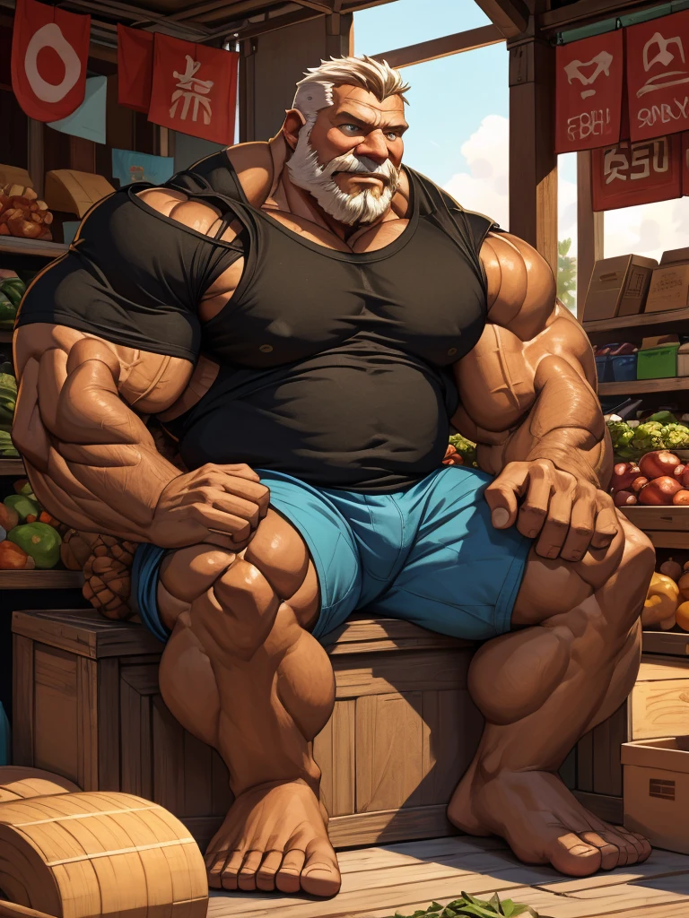 traditional market, side view, extremely huge muscular, massive muscular, full-body, well-muscled old man, sitting on box, shirts. ((extremely muscle size, super thick arms, huge back, extremely wide back and shoulder , huge arms)). and add details to make it attractive and interesting. Add textures and details to make the image more realistic, such as the appearance of the shirt texture and the appearance of the skin. Make sure the resulting image is high resolution, 8K quality."