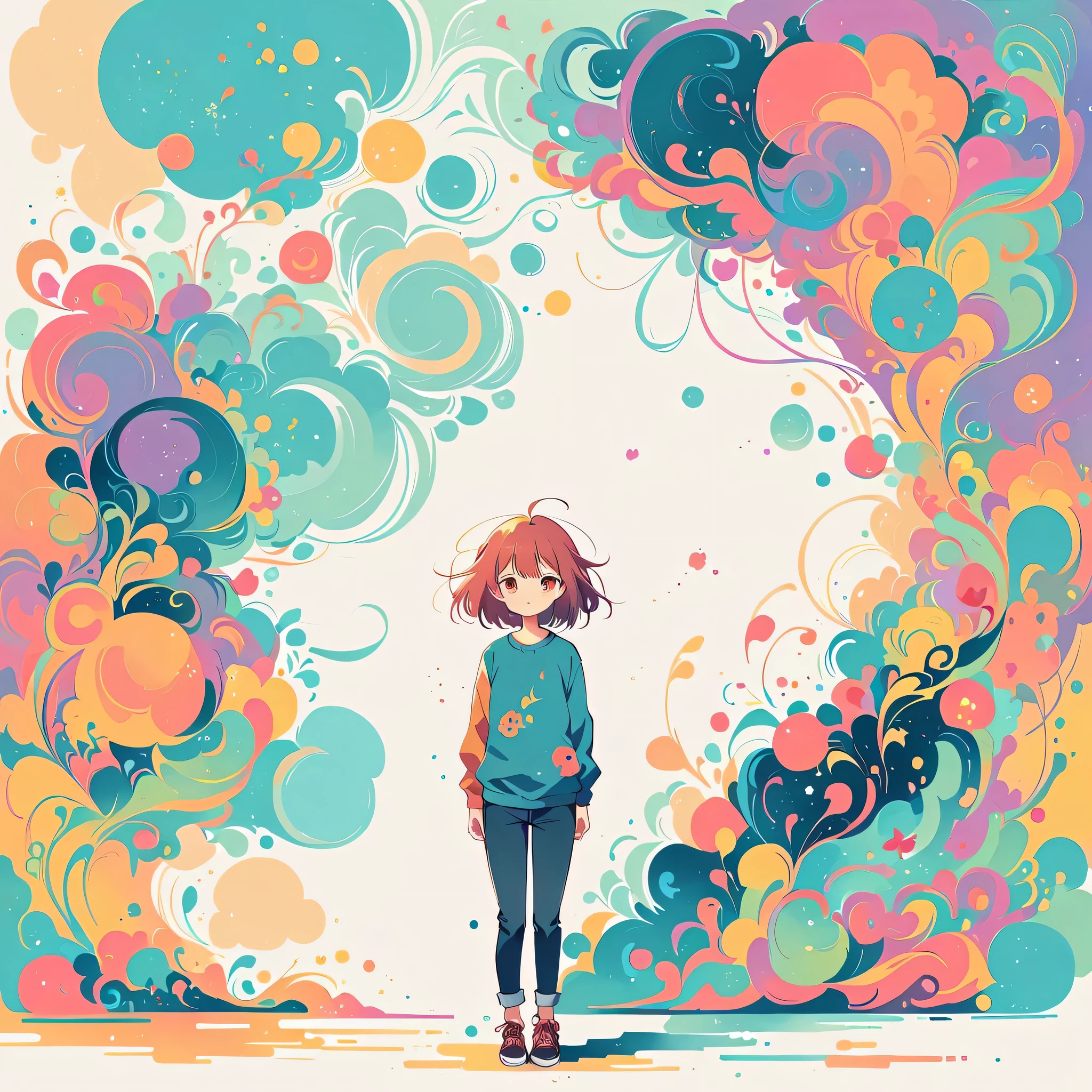 Watase Seizo style, Standing in front of a high wall，Simple Line Initialism，Abstract art，Urban Background, (((The most beautiful girl))),