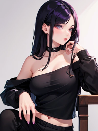 highest quality,Super detailed,Realistic,Girl with long black hair,Beautiful fine details,Sexy lips,Off-the-shoulder black jacket,Extremely low sweatpants,Purple eyes,Seductive pose,Sitting,Soft lighting,Portraiture