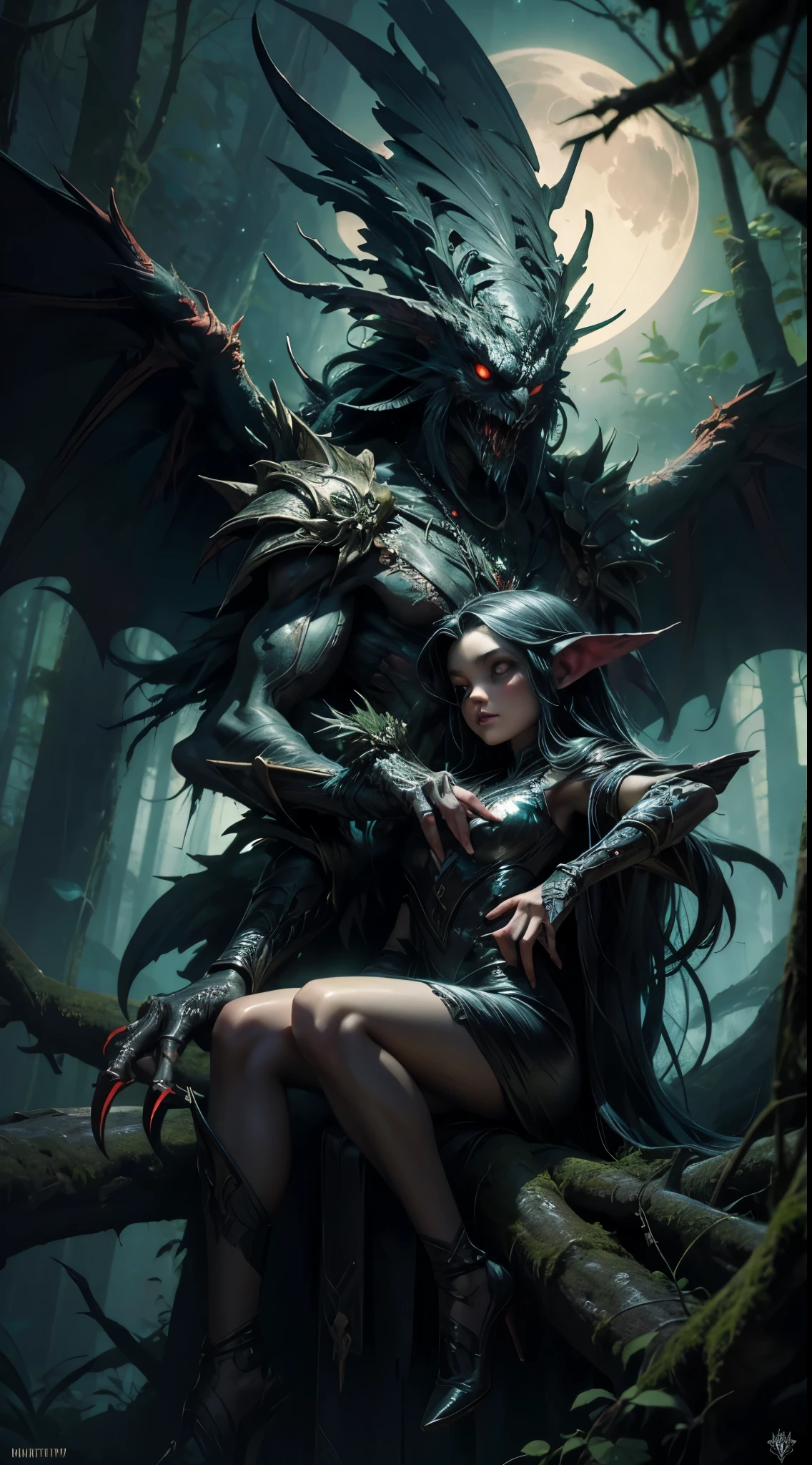 Showing a harpy sitting on the branch of a giant tree in the rainforest at night. Their eyes should reflect the moonlight filtering through the treetops.. Surrounded by rare flora and fauna, The art of horror fiction, Sci-fi horror art, Inspired by Alexis Briclot, Fangs of Carnage, Horror fantasy art, As with Alexis Briclot, Horror concept art, poison, Fantasy Art and Horror, 4K Horror Detailed Illustration, Demonic creatures, Dark fantasy horror art