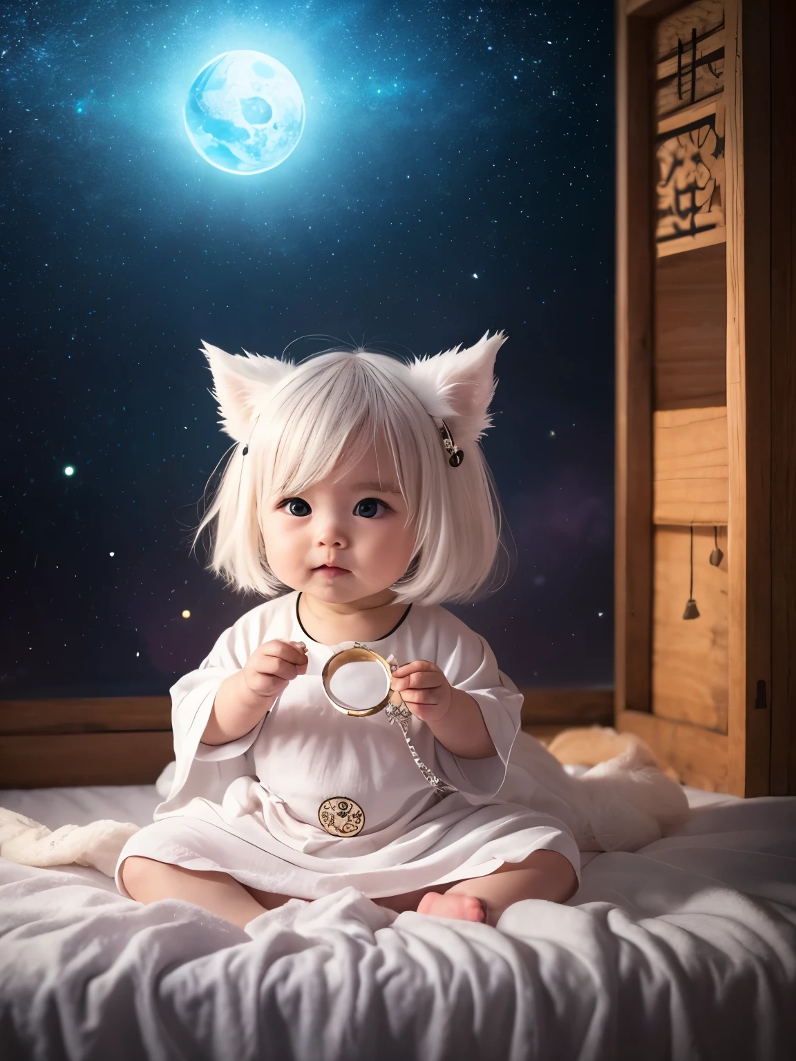 A cute, mysterious, white-haired, kemomimi baby in the form of a fortune teller。The background is a mysterious space。