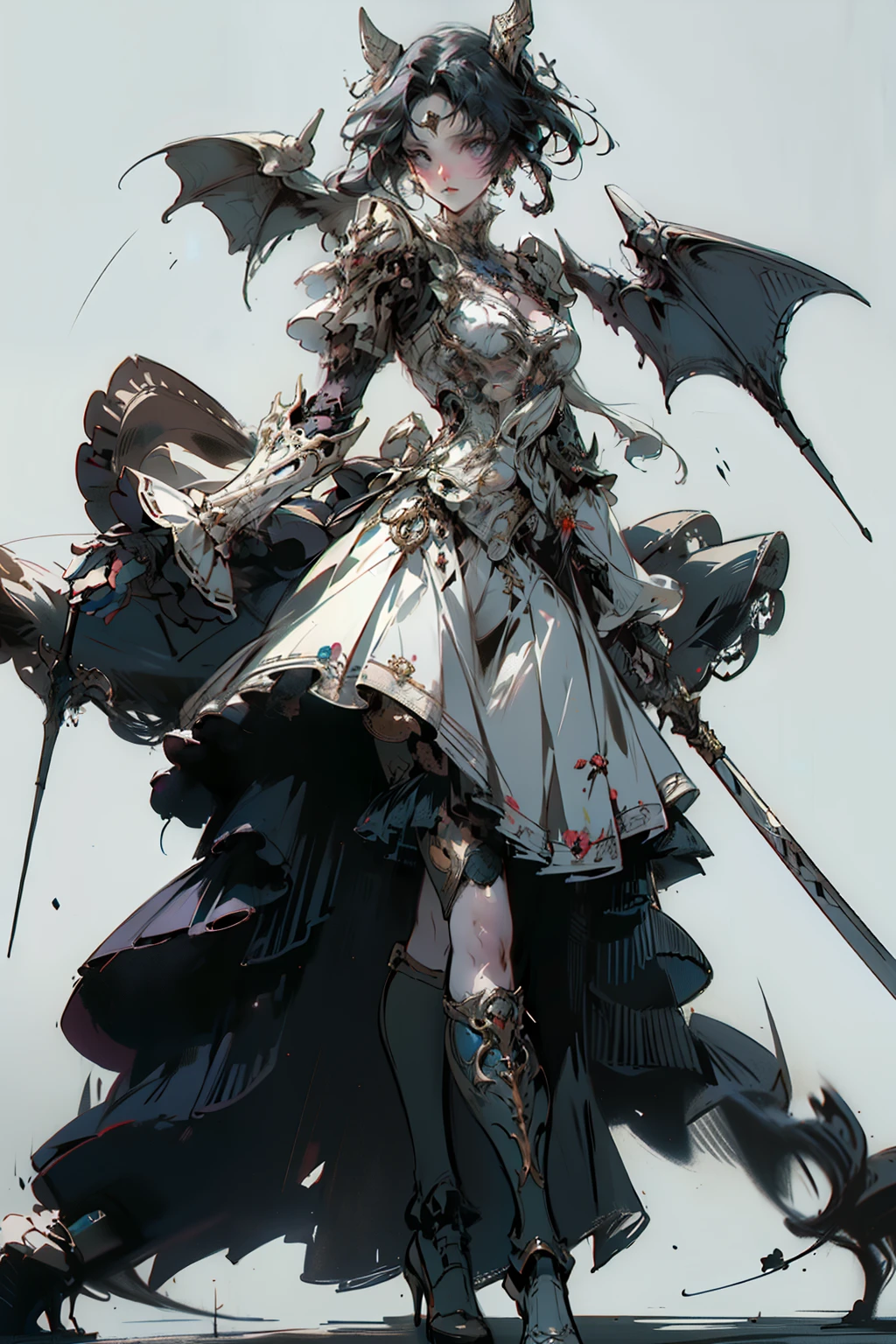((best quality)), ((masterpiece)), (detailed), blank white background, plain background, white background, Bloodborne inspired,  occult aesthetic, occult, detailed and intricate steampunk and detailed gothic, NSFW, Very dramatic and cinematic lighting, cosmic horror, grim-dark, side-lighting, perfect face, a beaituful goddess adorned and enshrined in armour, Bloodborne inspired valkyrie, occult aesthetic , occult , detailed and intricate steampunk and detailed gothic , wielding a sword and holding a shield, NSFW, Fluttering lace flared long knee length dress with frilly petticoats, knee length dress, pleated petticoats, ta dress, petticoats gothic loliside-lighting, gothic lolita aetic, beautiful small breasts, small breasts, full body, whole body, body, plain background, white background, blank background, no background, white background NSFW, full body, whole body, head-to-toe