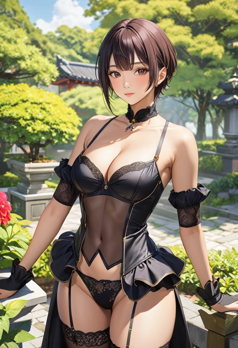 (best quality), realistic, irides, garden, ( Japanese idol boy), (abs:1.2), black short hair, tanned dark skin, (detailed brown eyes), (smile:0.8), (detailed areola:1.2), (black tiny briefs:1.4), (bulge),