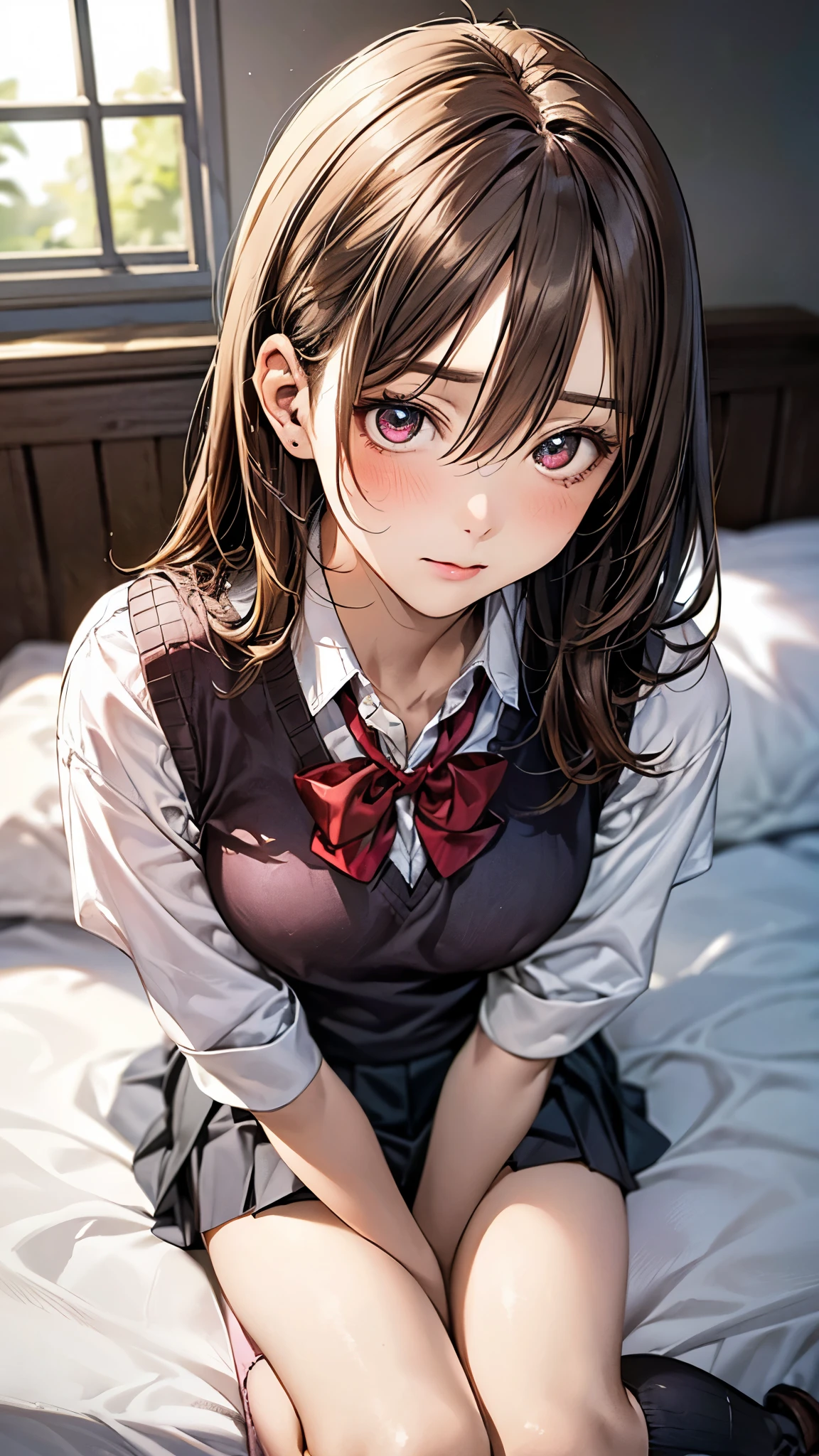 (masterpiece:1.2, top-quality), (realistic, photorealistic:1.4), beautiful illustration, (natural side lighting, movie lighting), 
looking at viewer, 1 girl, japanese, high school girl, perfect face, cute and symmetrical face, (perfect anatomy, anatomically correct, super detailed skin), shiny skin, 
(middle hair, straight hair, sideburns:1.2 chestnut brown hair), hair between eyes, red eyes, long eye lasher, (large breasts:0.8), perfect body, 
beautiful hair, beautiful face, beautiful detailed eyes, beautiful clavicle, beautiful body, beautiful chest, beautiful thigh, beautiful legs, beautiful fingers, 
(detailed cloth texture, break,break, white collared shirt, break,break, khaki knit vest, break,break, light grey pleated skirt, break,break, red bow tie), socks,
(beautiful scenery), evening, (pink girl's room:1.2), sitting bed, headf tilt, (uneasiness, open mouth small),