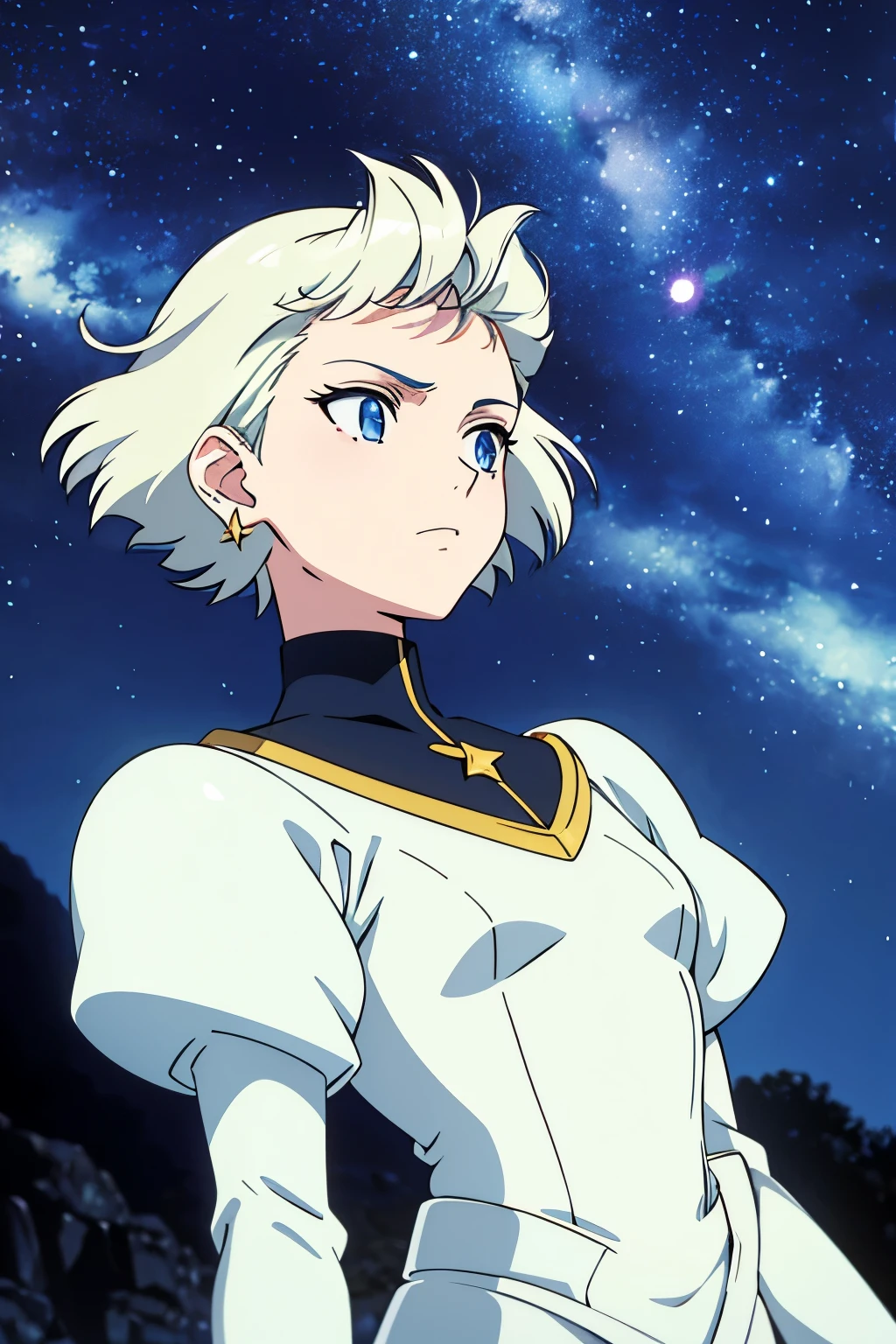 90's anime aesthetic style , white short hair , beatiful face , earings , chivalry armor , white eyes , long eyelashs , starry night , hair waving in the wind