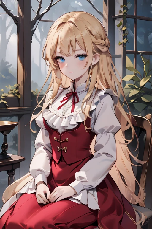 (8k, highest quality, Tabletop:1.2)、Ultra-high resolution, Detailed face, One ****************, blue eyes, Blonde, Braid, Long Hair, Red ribbon on head, Red dress, blue sky, in the forest, wood, table cloth, Set of cake and tea on the table, Sit on a chair、victorian dress