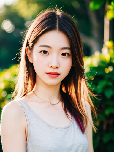 Japanese female 1 person, ************, Realistic, Exquisite face, alone, Tight grey tank top.  (White skin: 1.8, ), The look of temptation, Warm lighting: Sunny day, (RAW Photos:1.2), (Realistic), Full body shot, background:Inside the old castle,  (Pink Hair Color,Bangs,long hair,)