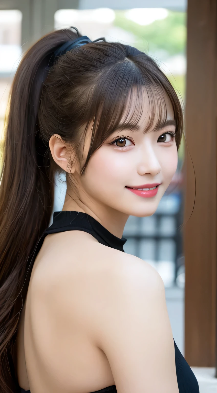 masutepiece, Best Quality, Illustration, Ultra-detailed, finely detail, hight resolution, 8K Wallpaper, Perfect dynamic composition, Beautiful detailed eyes, Women's Fashion Summer,Ponytail Hair,Small breasts natural color lip, Bold sexy poses,Smile,Harajuku、20 years girl、Cute、Sexy shot looking at camera