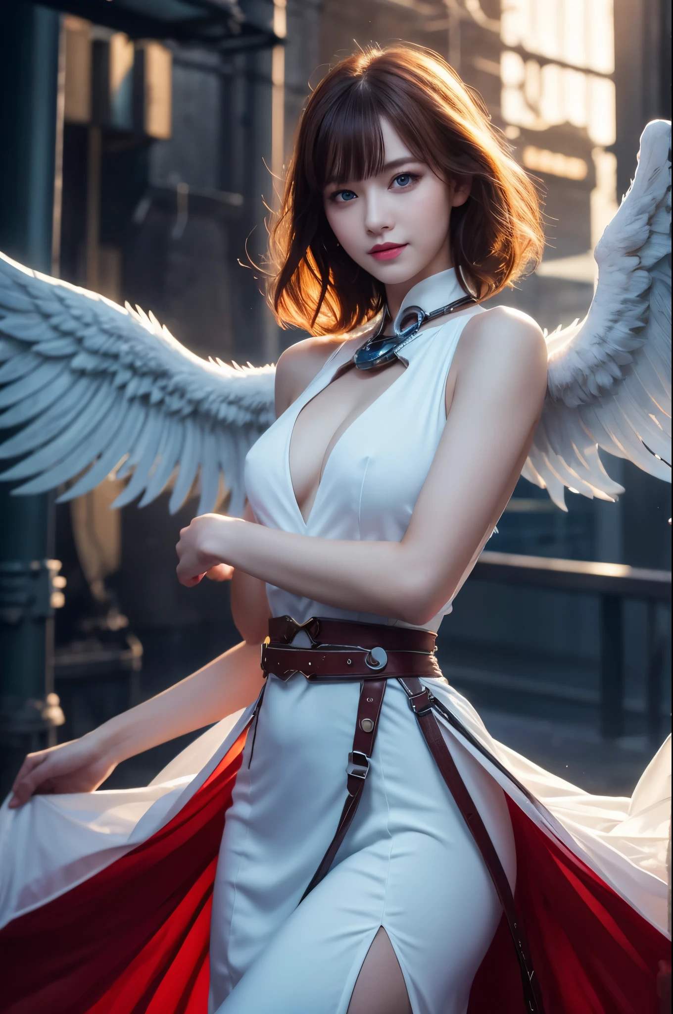 8K,月夜に舞うWhite Wingsの天使達,Super Beauty(Like the real thing),天使の白いLong dress,Beautiful smile,Highly detailed illustration, Ultra-high resolution, masterpiece, highest quality, Perfect glowing skin, Perfect lighting, Detailed lighting, Dramatic Shadows, Ray Tracing, Beautiful Caucasian Woman, Looking at the audience, Small breasts, Beautifully detailed hazel eyes, Sharp Face, Clear Eyes, Red lips, Long bangs, Short Curly Hair, Red hair, ((Cyberpunk Dark City)), Upper Body, Combat Uniform, Military Harness,masterpiece,highest qualityのフォトリアリスティックなRAW写真。Bright colors,Rich colors, Backlight, Cinema Lighting, Film Grain, to be born, 50mm lens, Nikon D850,Detailed character art,Fantasy art,Ultra-high resolution,Ultra-Realistic Skin,Perfect hand shape,White Wings,Blonde,Blue Eyes,Long dress,Flying in the night,