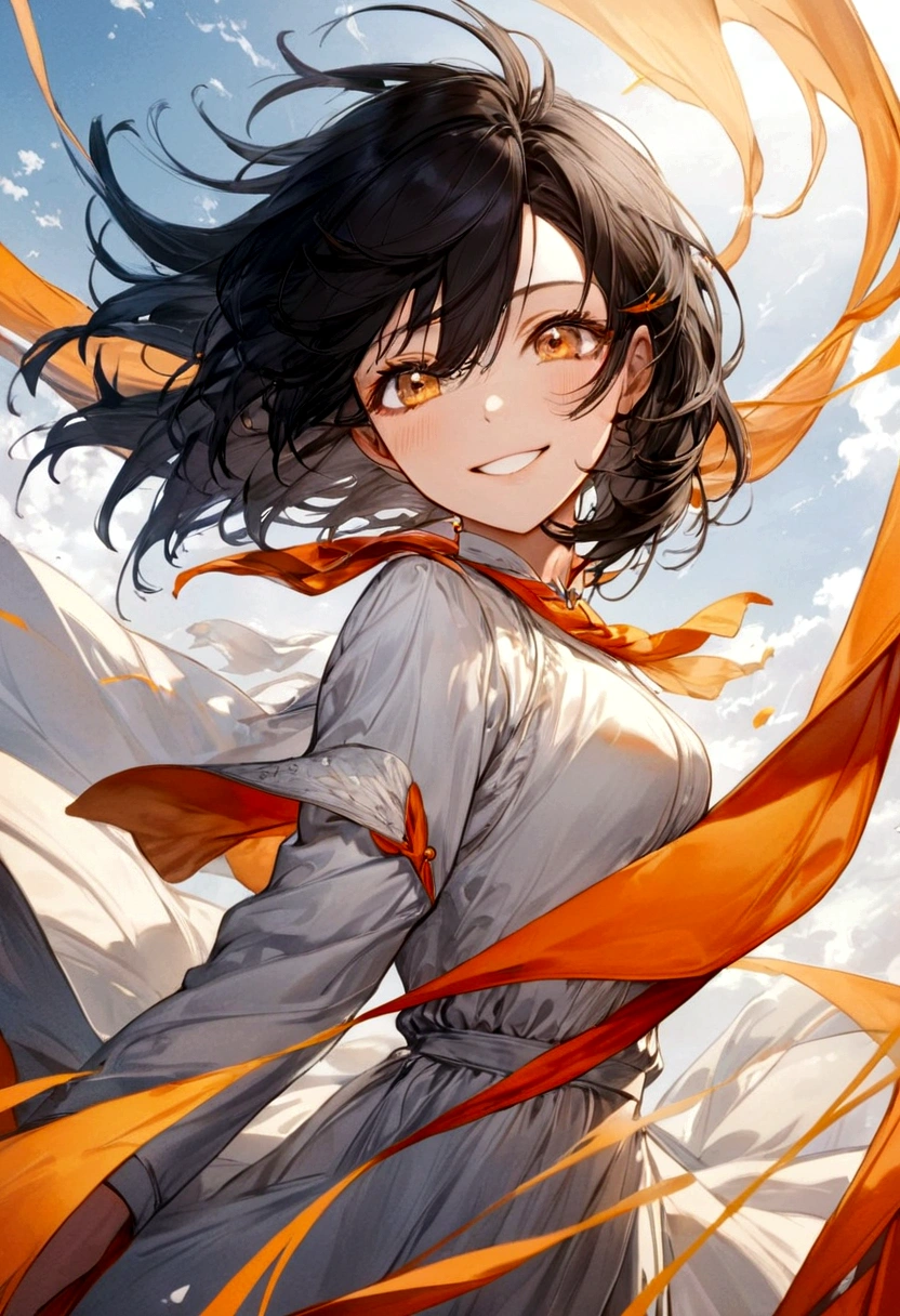 Female, Smiling, Black Hair, Orange Eyes, Wind as an element
