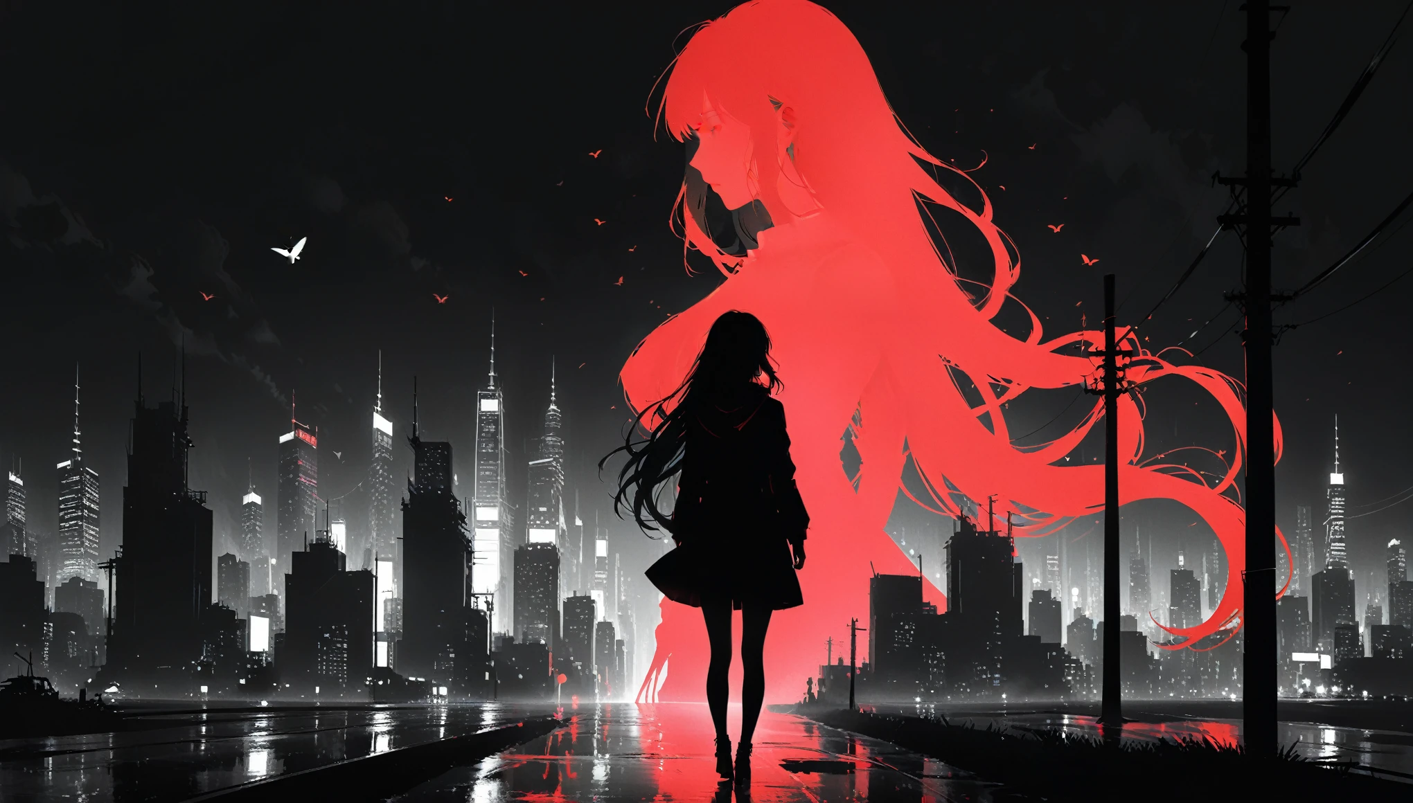 (in style of Ashley Wood:1.3),(in style of Takeshi Obata:0.9), black and white urban skyline background,protruding utility poles,(a red silhouette of a young girl:1.6),minimalist silhouette,red silhouette,black and white background,wide_shot,silhouette of a teenage girl on a telephone pole,glowing neon color hair,(incredibly long hair fluttering in the wind:1.4)(Minimalist art style:1.4)