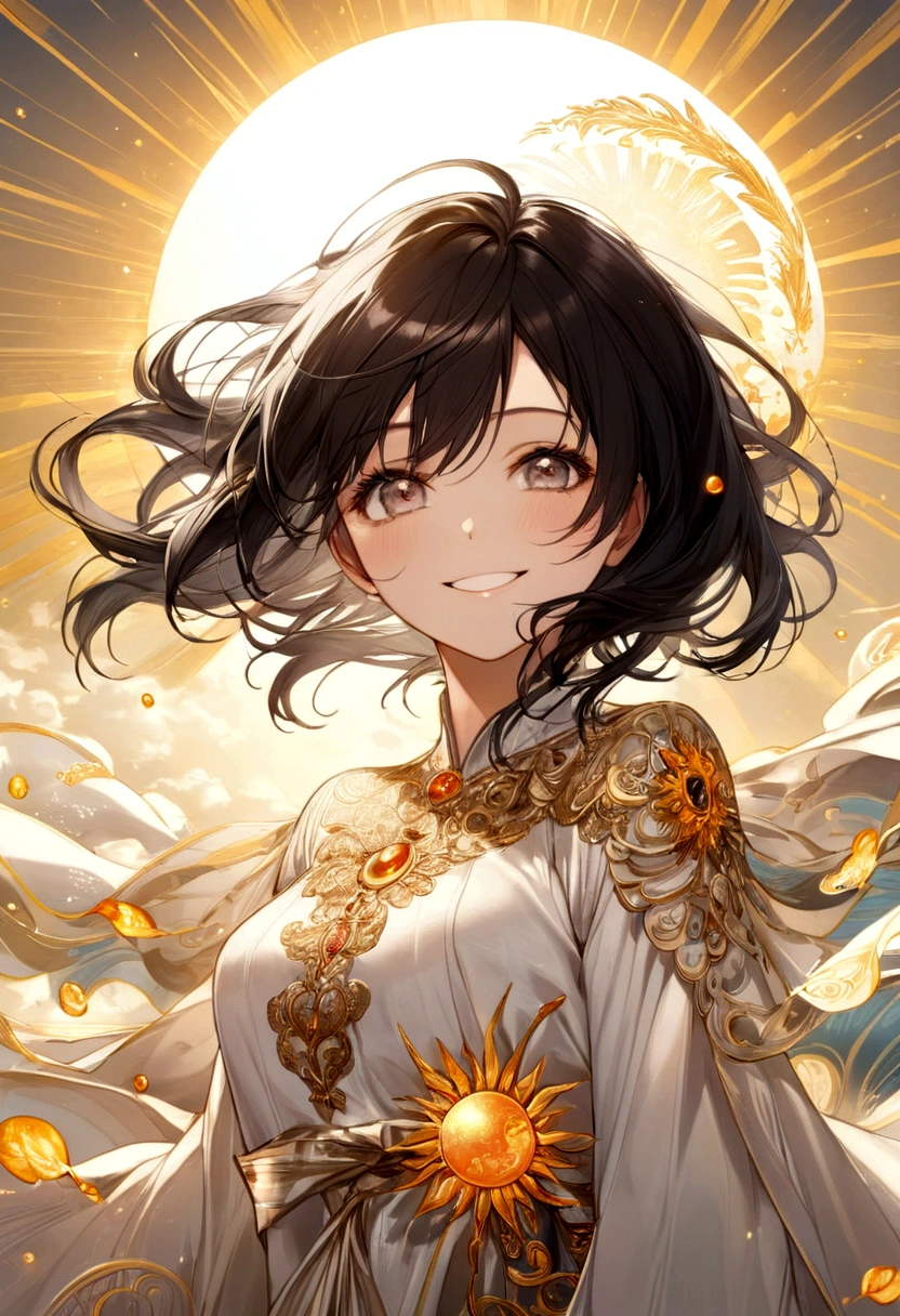 Female, Smiling, Black Hair, White Eyes, Sun as an element