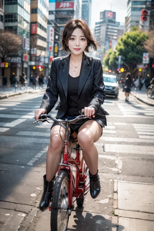 8k, RAW Portrait (Japanese women),masterpiece、Realistic:1.2、Realistic, Ultra-high resolution, highest quality, Real Life Photos 、Japanese women,40 year old married woman、Urban area、Riding a red bike、Fluttering Hair、