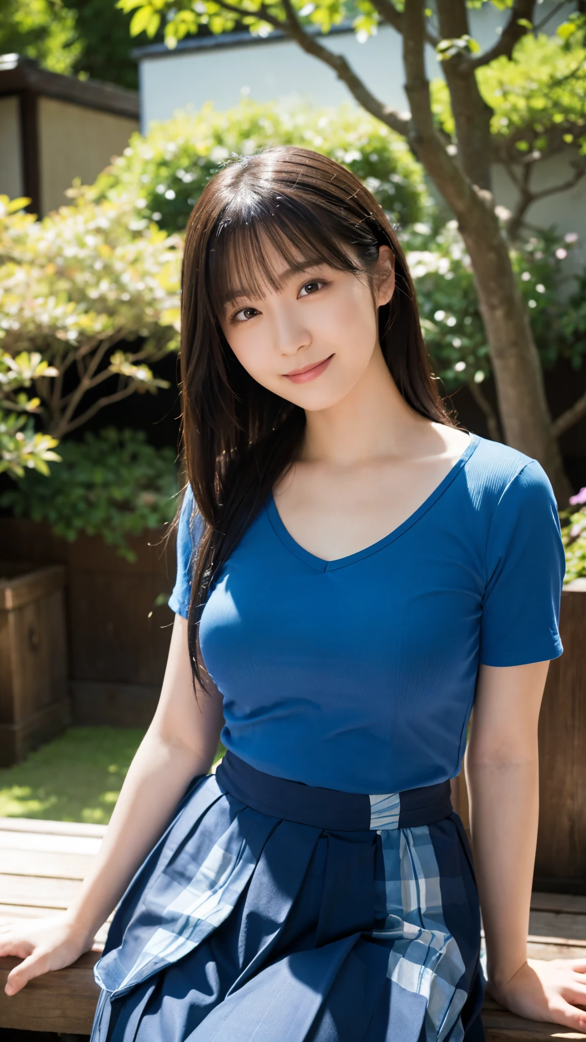 (highest quality,masterpiece:1.3,Ultra-high resolution),(Super detailed,Caustics,8k), (Photorealistic:1.4, RAW shooting),sun,blue sky,Japanese garden,Japanese,20-year-old,smile,Long black hair,(Blue short sleeve top),Big Breasts,(Long skirt),Waist up shot,(High Position:1.1),(High angle:1.1),Natural light