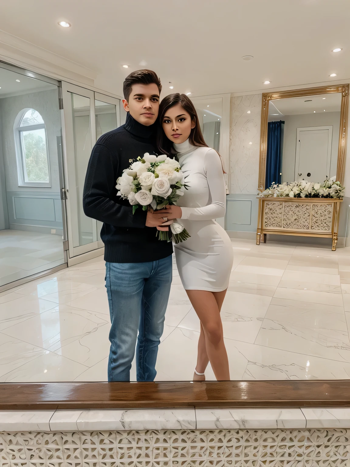 man in black turtleneck, blue jeans standing with a girl in a white dress, High quality, photoshoot, Bouquet of roses
