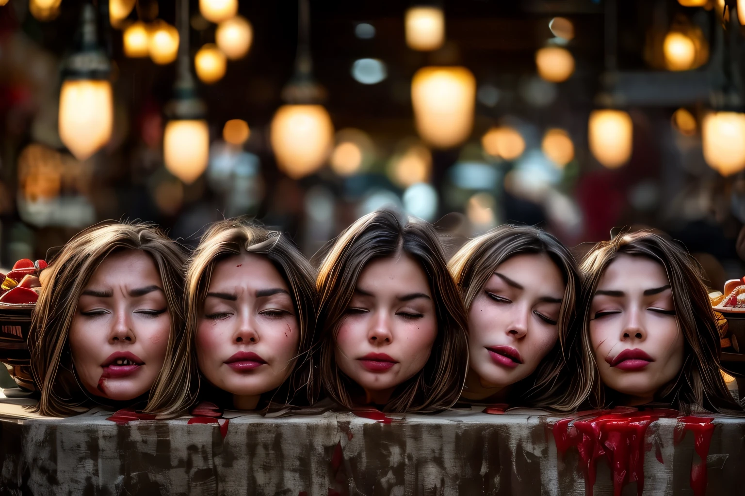 Several decapitated heads of beautiful women, on a table, in a public market, full of blood, blood flowing, ((eyes closed)), bleeding, photorealistic, 4K, Nikon, horror, public market, beautiful asian face