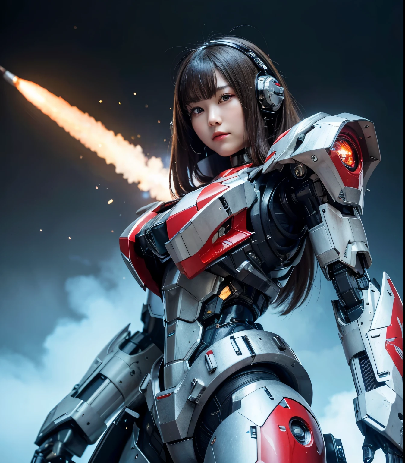 Super detailed, advanced details, high quality, High resolution, 1080p, hard disk, beautiful,(war machine),Armor War,(Rocket Missile)Capture the big picture,beautiful,Mecha cyborg girl,battle mode,Mecha body girl,She is wearing a futuristic war machine weapon mecha