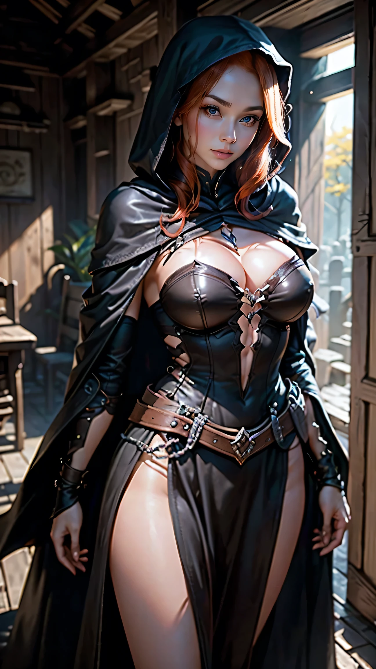highest quality、masterpiece、8k、Realistic、超High resolution、Very delicate and beautiful、High resolution、Cinema Lighting、medium range shooting、Portraiture、Perfect female body、(Redhead:1.6、Big Breasts:1.4)、Opposition、Looking at the audience、((Thief from Another World、Cloak with dark hood、Quick Movement、Sharp Eye、Light leather armor))、Hiding in the shadows、Lost in the dark、Quiet Steps、Sharp Dagger、Picking Tools、Stolen Jewels、Secret Lair、Agile body、Cunning Smile、Bag of Loot、Hidden pocket、Deceive the enemy、Ancient maps、Dangerous missions、Codebreaking、Disarm a trap、Black boots、Secret Passage、A reliable companion、Cunning personality、sense of adventure、Otherworldly Market、A clever disguise、Shadows of the Night、Elusive、Great vacation。