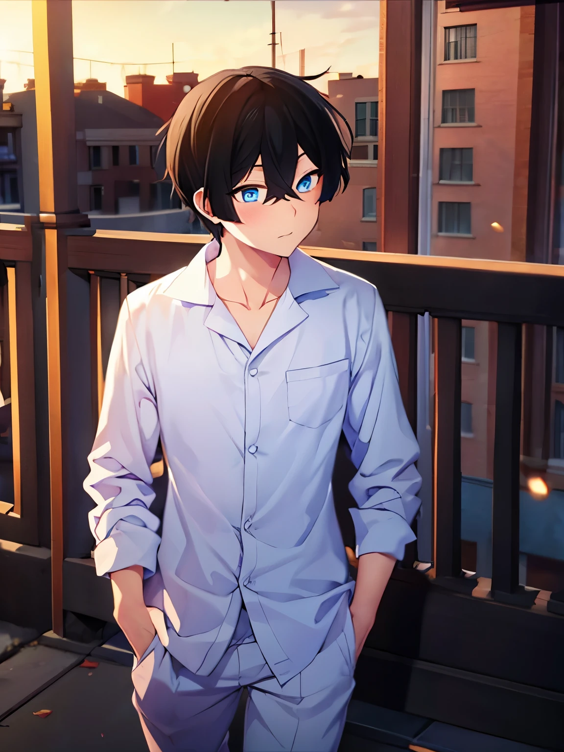 1boy,Walking on the balcony, night, looking away, black hair, blue eyes, pajamas,, half body photo