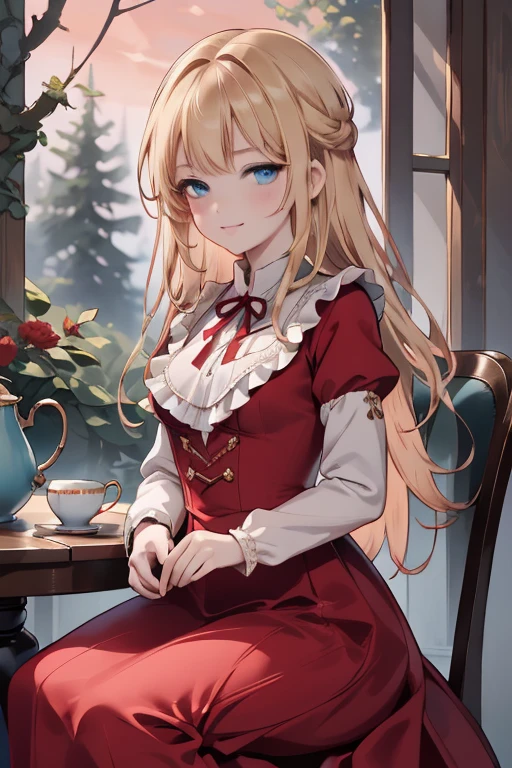 (8k, highest quality, Tabletop:1.2)、Ultra-high resolution, Detailed face, One -yeld gi smile、blue eyes, blonde, Braiding, Long Hair, Red ribbon on head, Red dress, blue sky, in the forest, wood, table cloth, Set of cake and tea on the table, Sit on a chair、Victorian dress