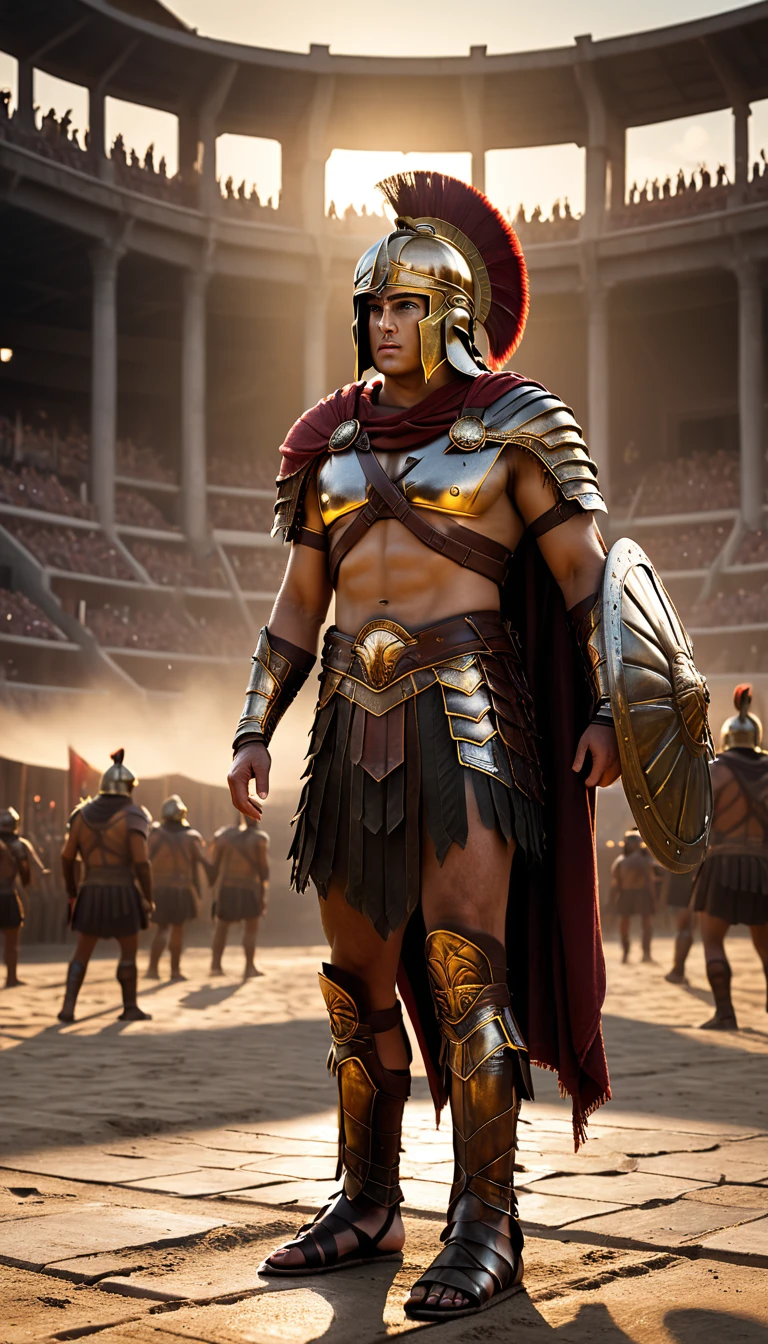 As the sun began to set, The warm golden hues of the sun illuminated his ornate attire, featuring a massive arena where the best Spartan warriors and the bravest Helot slaves prepare to battle to the death, background dark, hyper realistic, ultra detailed hyper realistic, photorealistic, Studio Lighting, reflections, dynamic pose, Cinematic, Color Grading, Photography, Shot on 50mm lens, Ultra-Wide Angle, Depth of Field, hyper-detailed, beautifully color, 8k, golden light from the front,