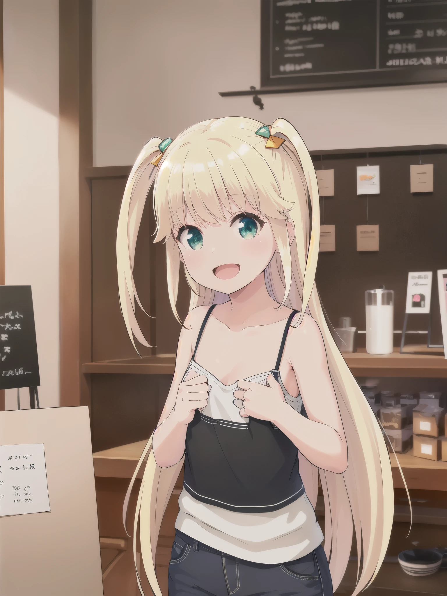 1 girl, highest quality, Very detailed, masterpiece, indoor ,Coffee shop,Green Eyes,Blonde Hair, Long Hair, Eyebrows visible through hair, Shine, bangs, Shine, Flat Chest,smile,Open your mouth,bare breast,breast focus,looking up at viewer,cleavage 