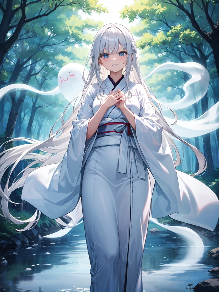 One Mature Woman、White kimono、White long hair、ghost、ghost、Standing next to a big tree、((The body is transparent))、night、(Grin)、Place one hand over one&#39;s mouth、Watching the audience、Upper Body、moonlight、