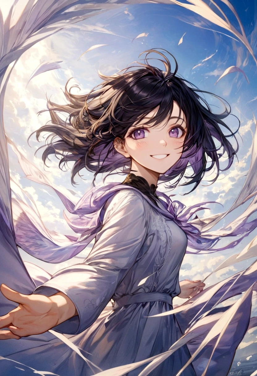 Female, Smiling, Black Hair, Purple Eyes, Wind as an element