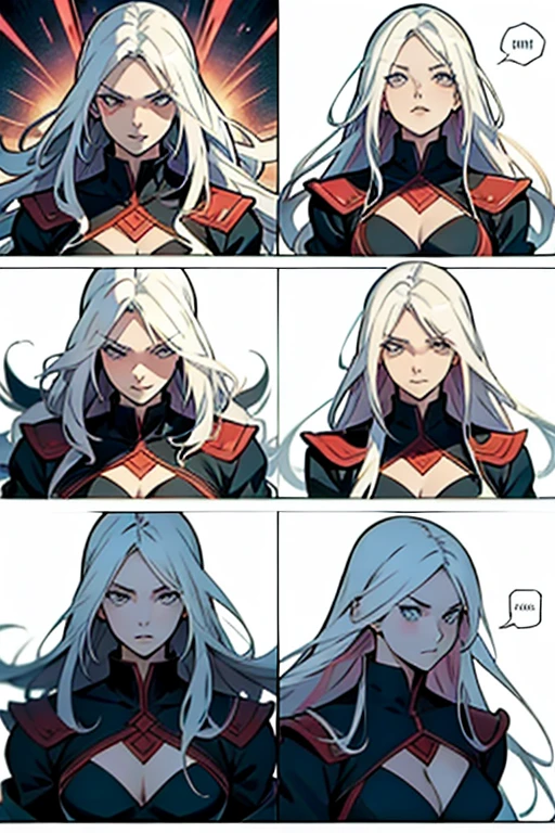 Girl with long white hair fighting, different facial positions, manga page with panels and dialogue