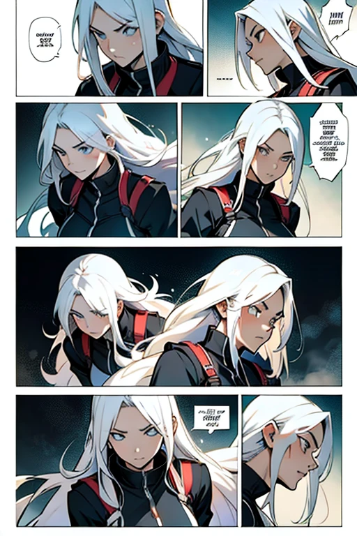 Girl with long white hair fighting, different facial positions, manga page with panels and dialogue 