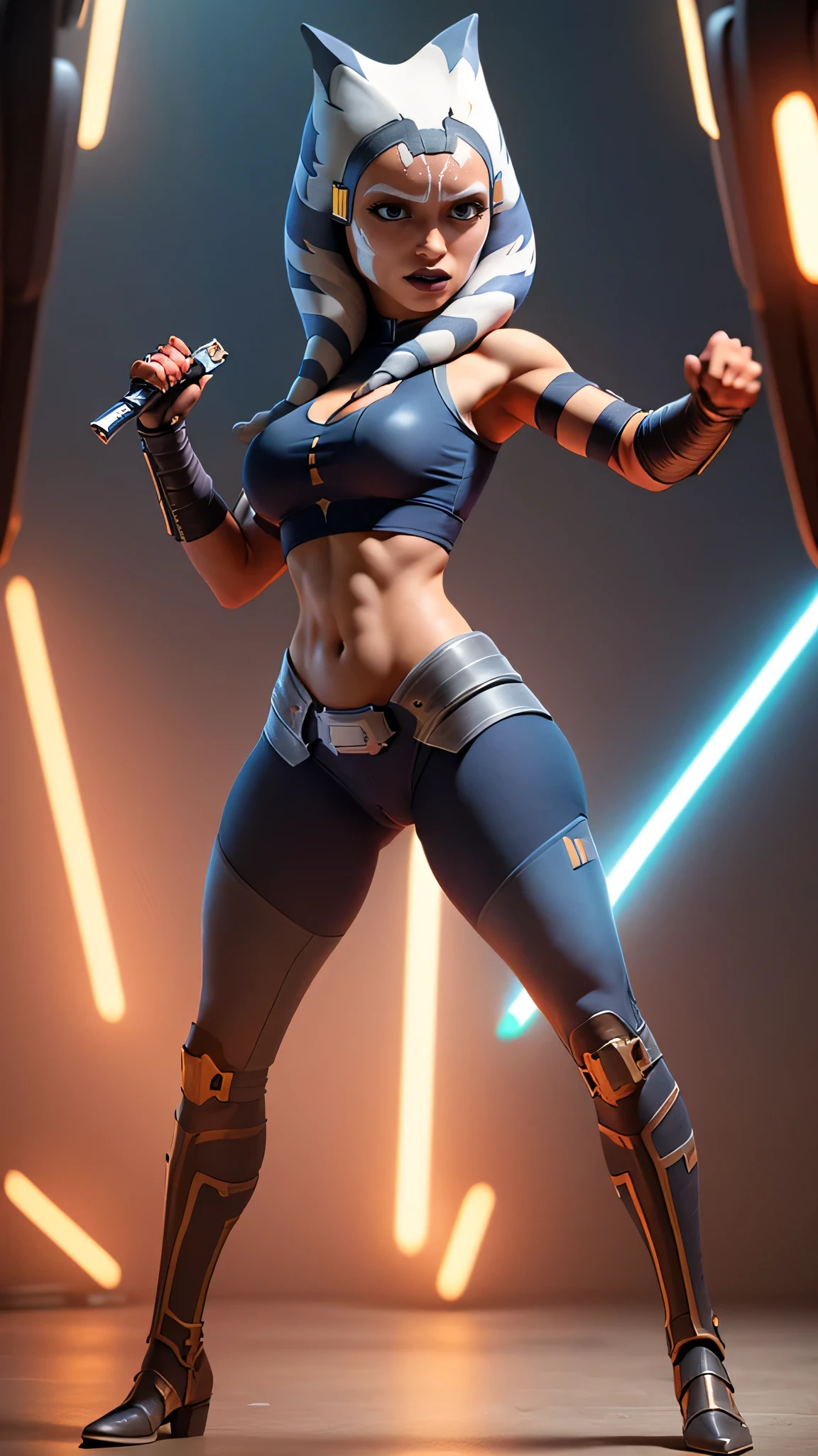  (Full portrait body:1.2), perfect woman figure, flirting, (masterpiece, best quality, ultra-detailed), (background battle, droids, robots, star wars,, night, war, battle), extremely detailed eyes, Ahsoka Tano, shining skin, blue eyes, makeup, (blue crop top), blue shirt, vambraces, fingerless gloves, ideal body, out fit top, perfect anatomy, long legs, perfect hips, blue leggings,big breast ,large perfect chest, A top with a cutout on the chest, Fighting stance, good hands, Smooth fingers on the hands, she holds a knife in his hand