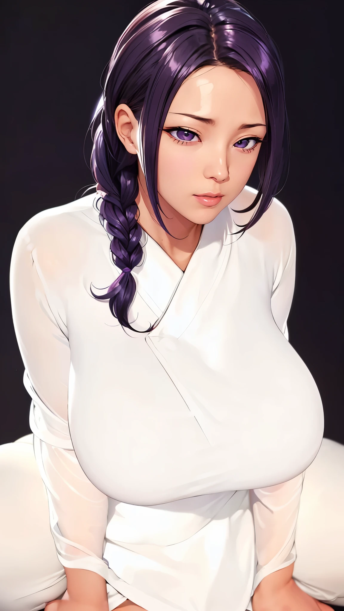 (((完美figure,figure,solo, (((White kimono,long sleeves, wide sleeves, ))),(((purple hair, long hair, hair pulled back,parted lips,purple eyes, Single braid,))),((masterpiece)),high resolution, ((Best quality at best)),masterpiece,quality,Best quality,((( Exquisite facial features,Looking at the audience,There is light in the eyes,(((lol,Happy,))),))),(((Light and shadow,Huge breasts))),(((Looking at the camera,White background,Sitting astride,Open your legs,Camera from bottom to top,低头Looking at the camera))))