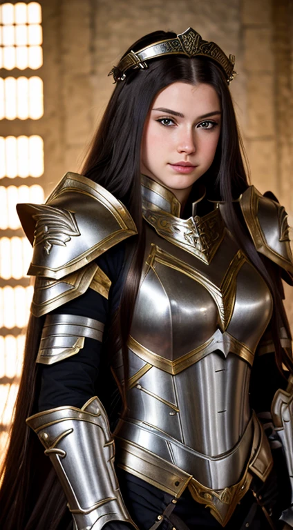 RAW photo, close up, portrait, breegirl, long hair, clothed, metal armor, full armor, sfw, 105mm professional photography, analog photography, background is throne room, detailed background, (high detailed skin:1.2), 8k uhd, dslr, soft lighting, high quality, film grain, Fujifilm XT3,