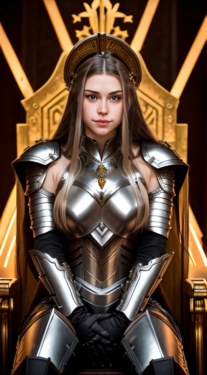 RAW photo, close up, portrait, breegirl, long hair, clothed, metal armor, full armor, sfw, 105mm professional photography, analog photography, background is throne room, detailed background, (high detailed skin:1.2), 8k uhd, dslr, soft lighting, high quality, film grain, Fujifilm XT3,