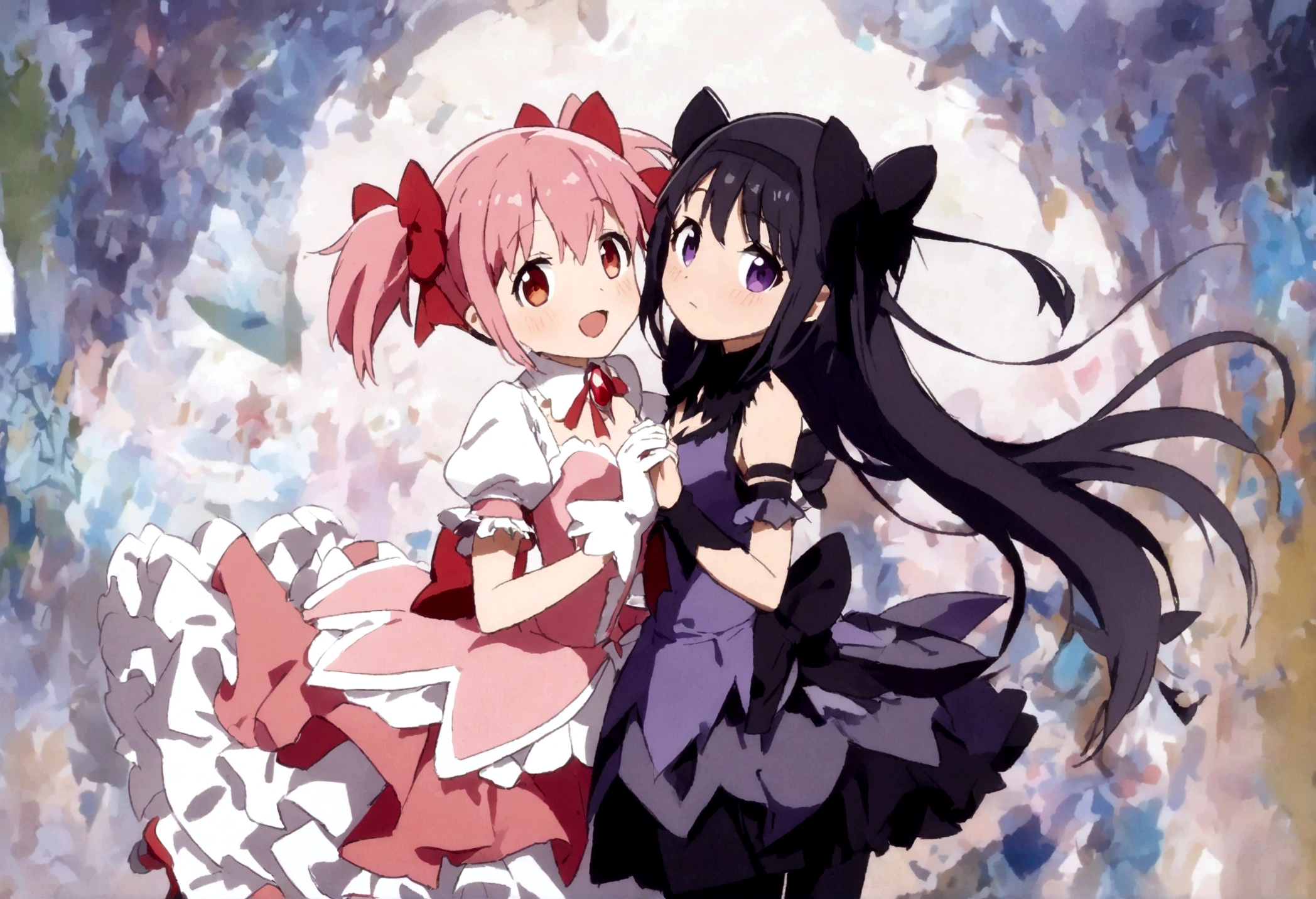 (2female),akemi_homura\(Puella Magi Madoka Magica,(magical_girl costume:1.4),(chibi:0.5),purple long hair,purple costume,black headband,black pantyhose\) and kaname_madoka\(Puella Magi Madoka Magica,(magical_girl costume:1.4),(chibi:0.5),pink short twin tails,bows,open shoulder dress with frill,backward ribbon at neck,white grove,red jewel at middle of clavicle\) are holding hands,colorful and geometric and chaotic background of chaotic gothic shadow puppet castles,(in a very psychedelic nightmare),big clock motif at the center of background,  BREAK ,quality\(8k,wallpaper of extremely detailed CG unit, ​masterpiece,hight resolution,top-quality,top-quality real texture skin,hyper realisitic,increase the resolution,RAW photos,best qualtiy,highly detailed,the wallpaper,cinematic lighting,ray trace,golden ratio\),(long shot),wide shot,landscape,blured background
